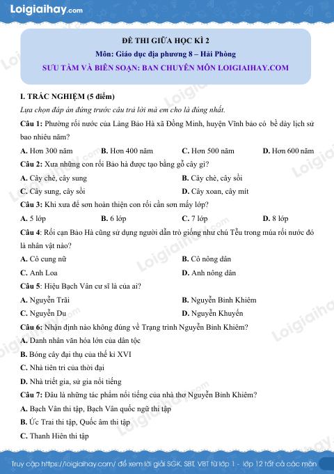 Đề thi giữa kì 2 GDĐP 8 Hải Phòng Đề 2